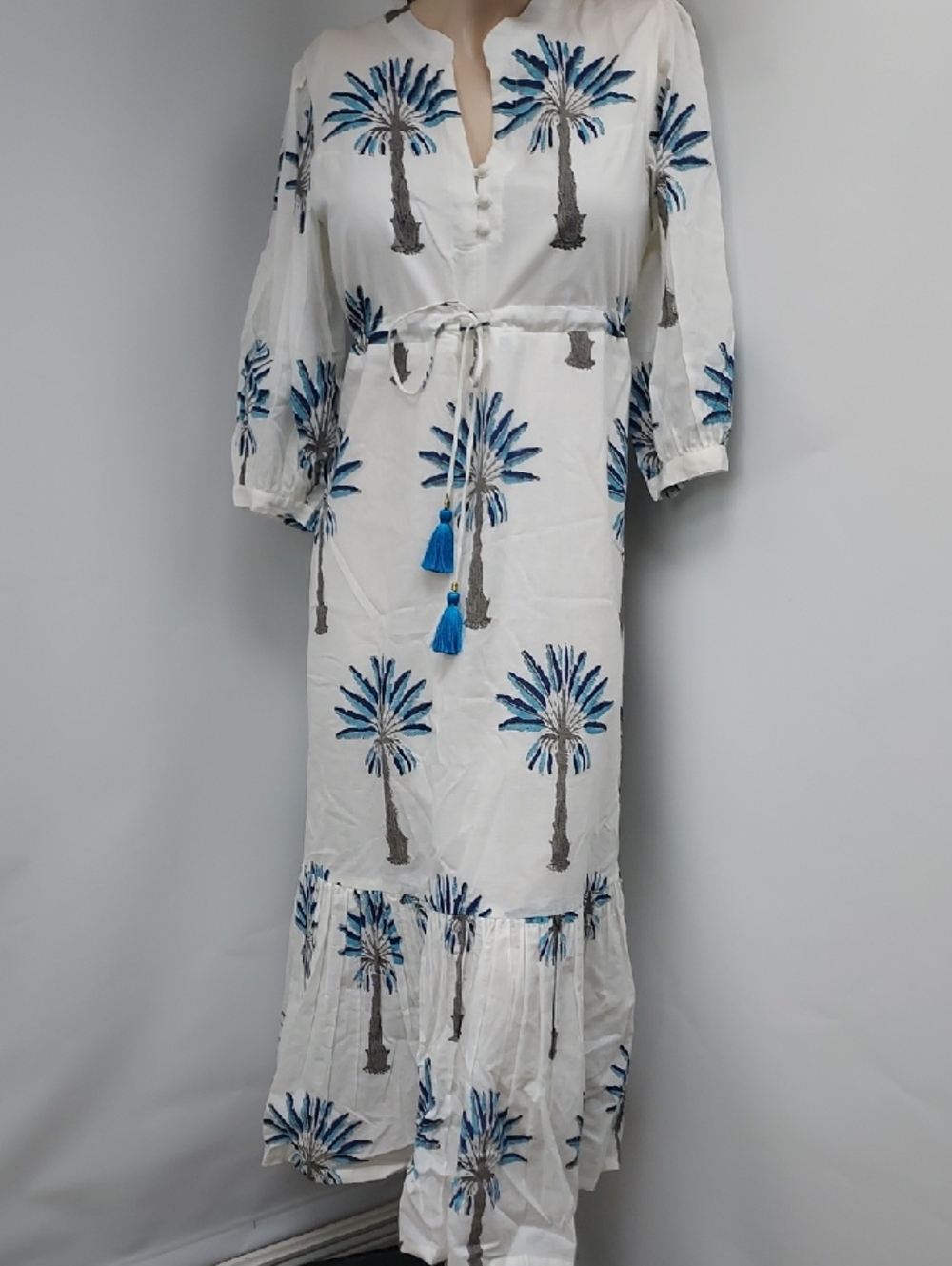Pick Happy Blue Palm-Print Mermaid Maxi Dress with Blue Tassel Tie, NWT